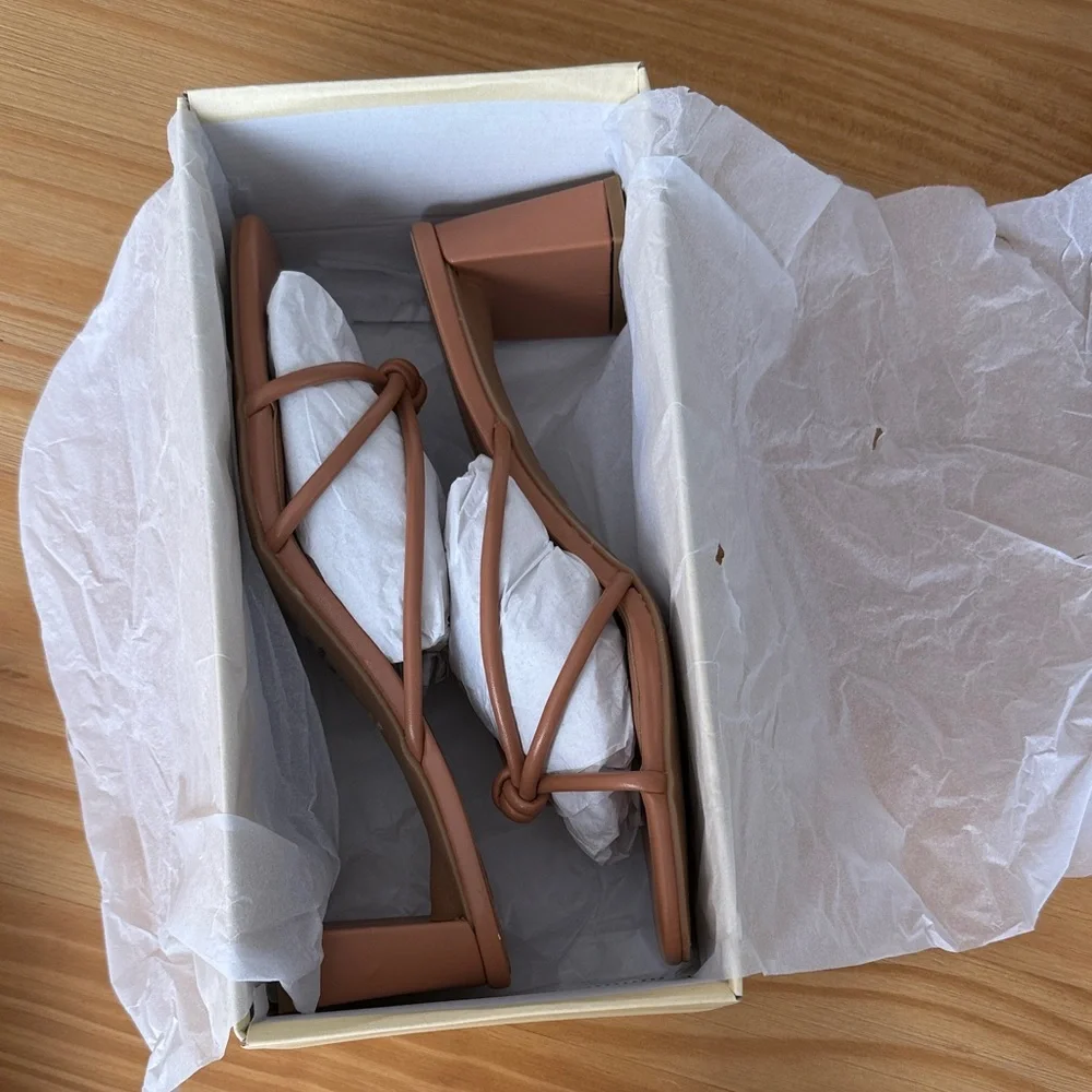 Open Edit Jamie‎ Square Toe Block Heel Sandal in Tan in Cashew Tan NEW IN BOX!